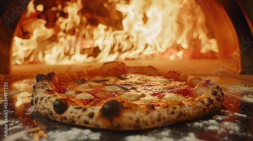 A close-up of a bubbling hot Neapolitan pizza coming out of a wood-fired oven, with flames glowing in the background.