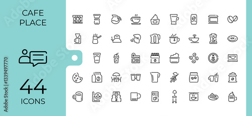 Coffee Shop modern icon. Containing breakfast, bean, tea, shop, cup, mug and more. Thin icons set. Cafe icon collection. Editable vector art and illustration.