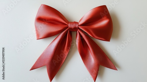 A festive red bow with silky texture, symmetrically tied on a white background.