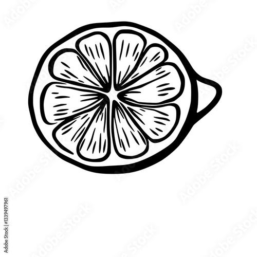 Stylish Lemon Slice Illustration Black and White Citrus Fruit Design                                