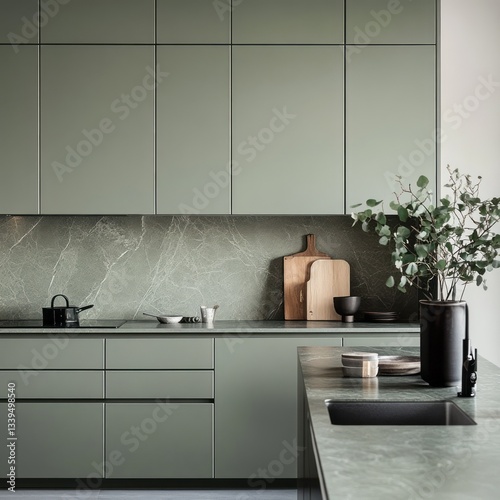 Modern minimalist kitchen interior showcases cabinetry and countertops in green