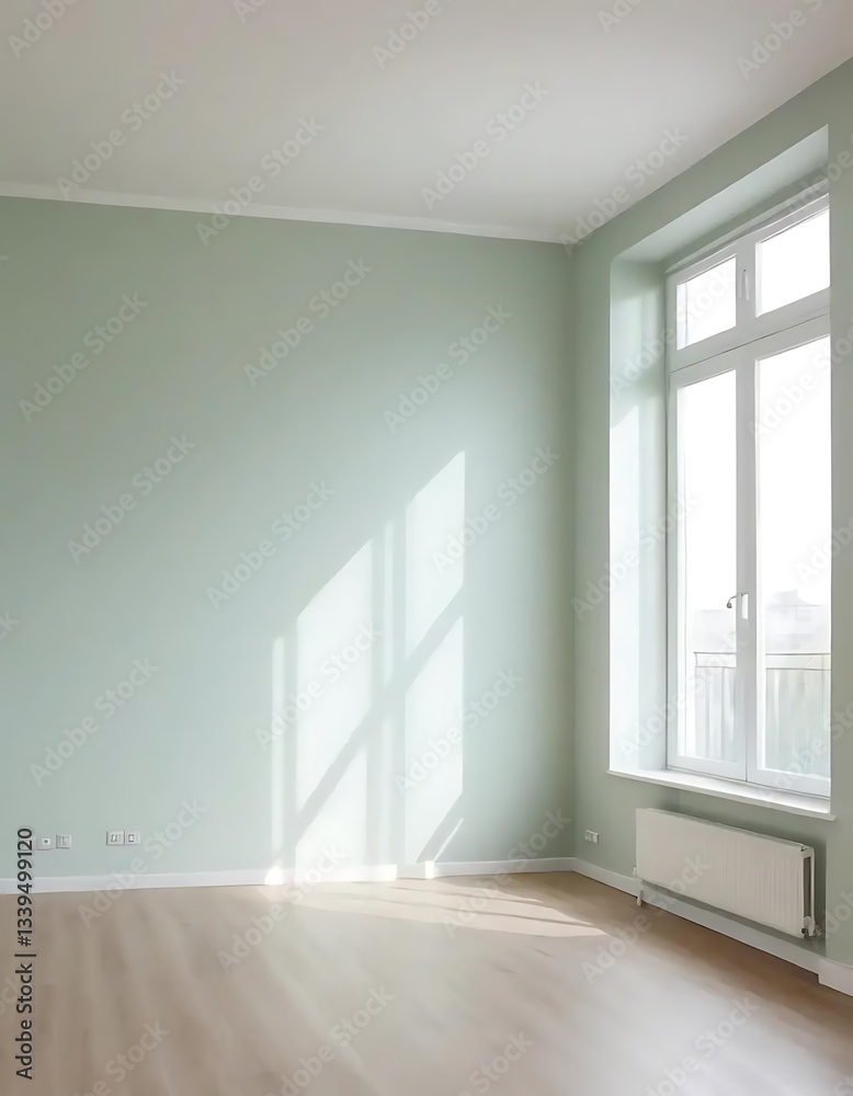Fototapeta premium Light-Filled Empty Room with Pale Green Walls and Hardwood Flooring