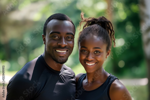 Smiling black african Athletic Couple Posing Together in the Park, Embracing Fitness, Love, and a Healthy Active Lifestyle.