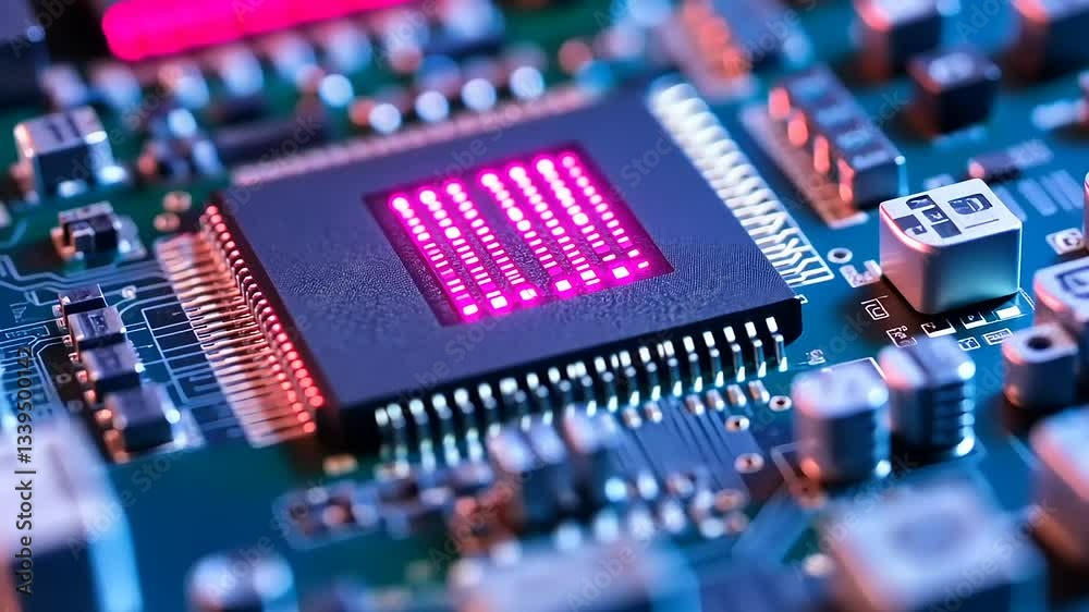 Close-up of a vibrant microchip on a circuit board with glowing components, showcasing technology Close-up of a vibrant microchip on a circuit board with glowing components, showcasing technology