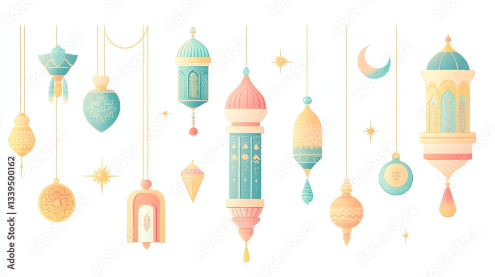 Decorative Ramadan Lanterns and Crescent Moon Hanging in Pastel Colors Decorative Ramadan Lanterns and Crescent Moon Hanging in Pastel Colors