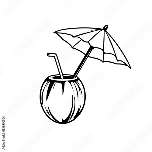 Tropical Coconut Drink with Parasol Illustration                                                    