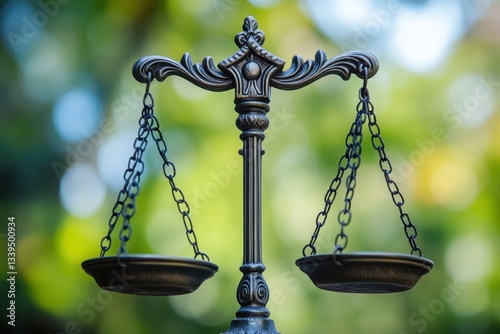 Antique balance scale against blurred green foliage evoking justice equilibrium and harmony in nature and law a symbol of ethical decision making