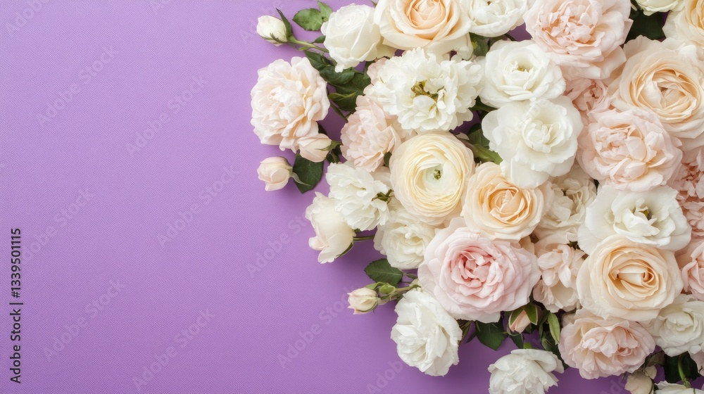 White and blush roses arranged delicately for a wedding, displayed beautifully on a soft pastel purple background. White and blush roses arranged delicately for a wedding, displayed beautifully on a soft pastel purple background.
