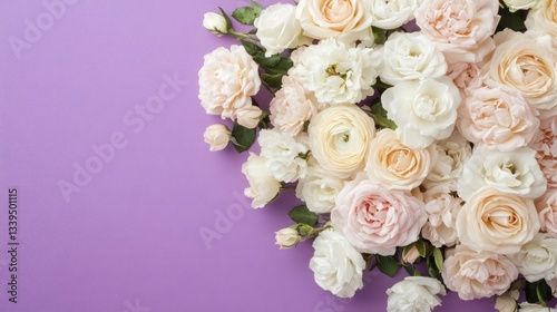 White and blush roses arranged delicately for a wedding, displayed beautifully on a soft pastel purple background.