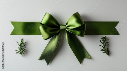 A large green ribbon bow with a smooth finish, placed on a simple white backdrop.