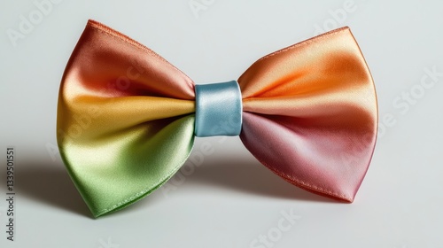 A luxurious satin rainbow bow with soft highlights, isolated on a clean white surface.