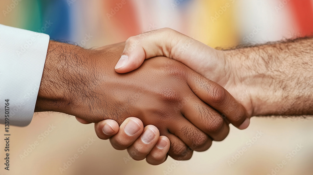 Fototapeta premium Handshake of Unity Between Diverse Ethnicities in Professional Setting