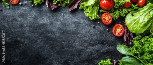 Panel kuchenny z motywem Fresh salad ingredients on dark background with copy space for culinary concept and healthy eating lifestyle, vibrant colors and natural light