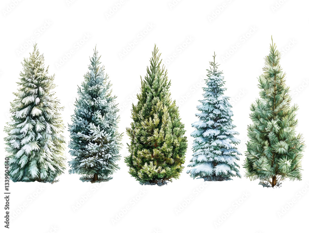 Obraz premium PNG cut out isolated background. A beautifully detailed watercolor illustration featuring five evergreen trees with varying shades of green and snow-covered branches.