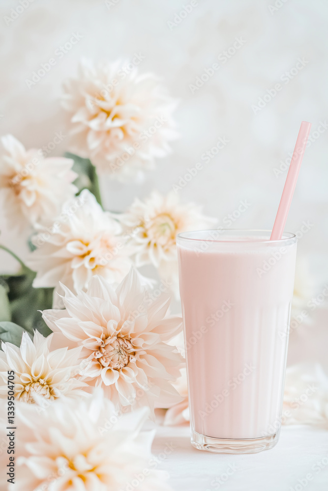Pink milkshake cocktail on a table decorated with delicate dahlia flowers Pink milkshake cocktail on a table decorated with delicate dahlia flowers