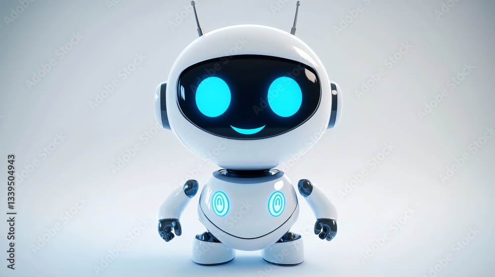 3D vector chatbot icon styled as a charming robot with a bright digital smile and blue eyes in soft white tones 3D vector chatbot icon styled as a charming robot with a bright digital smile and blue eyes in soft white tones