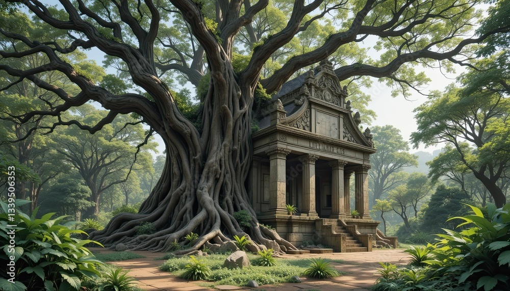 Naklejka premium An old tree in the bush with roots bending over a vanished temple