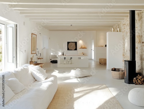Modern living room with white decor and stone walls is shown