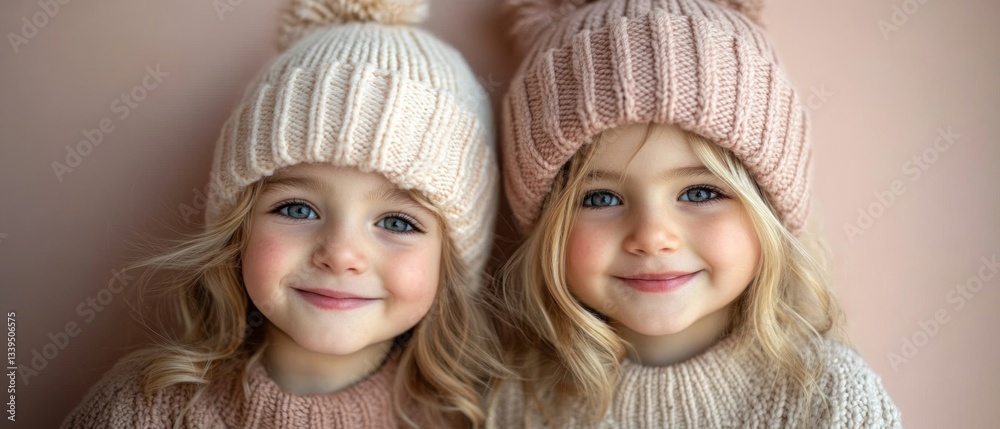 Two little girls in matching knit caps and sweaters, smiling for the camera, perfect for children's blogs, clothing ads or family albums.