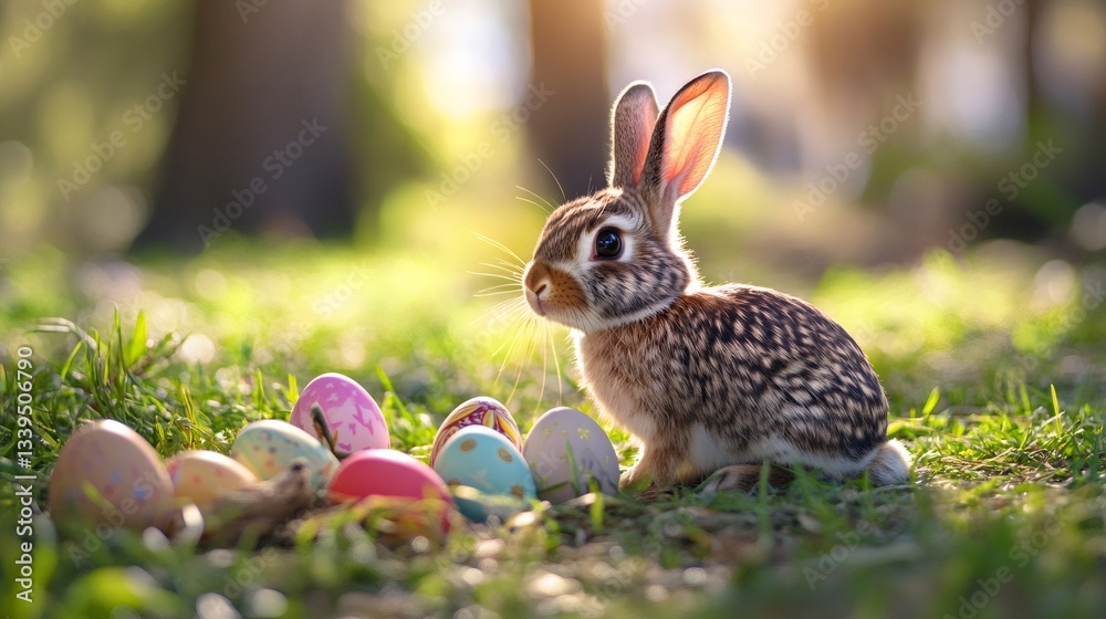 Obraz premium Easter bunny looking away surrounded by colorful eggs in a meadow