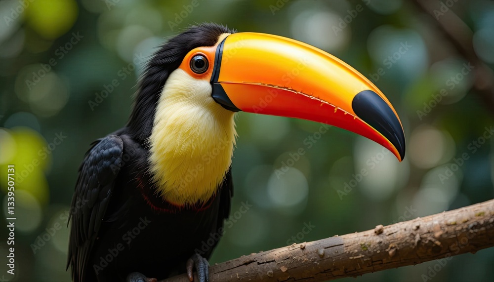 Naklejka premium A toucan with its vibrant beak gleaming in the sunlight, perched on a tree branch