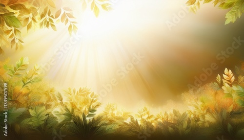  Soft glowing summer sunlight filtering into the border, white background.