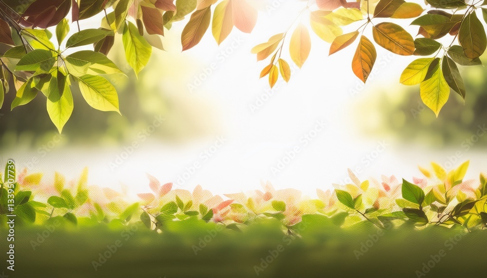 Fototapeta premium Soft glowing summer sunlight filtering into the border, white background.