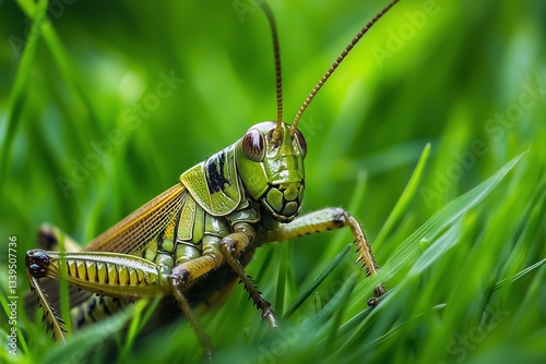 Grasshopper Resting on Vibrant Green Grass Showcasing Detailed Body Textures in Natural Environment Generative AI