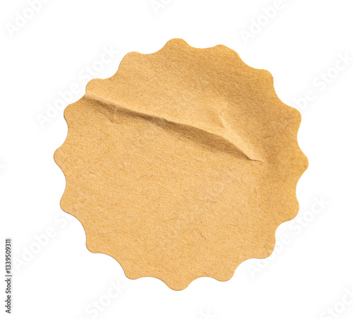 Recycled crumpled sticker paper cardboard price tag sticker with copy space, featuring a cutout transparent background for easy integration into designs