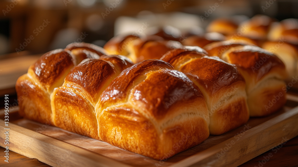 Golden-brown brioche loaves in a bakery setting Golden-brown brioche loaves in a bakery setting