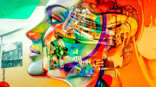 Abstract artwork of colorful human face with technology elements
