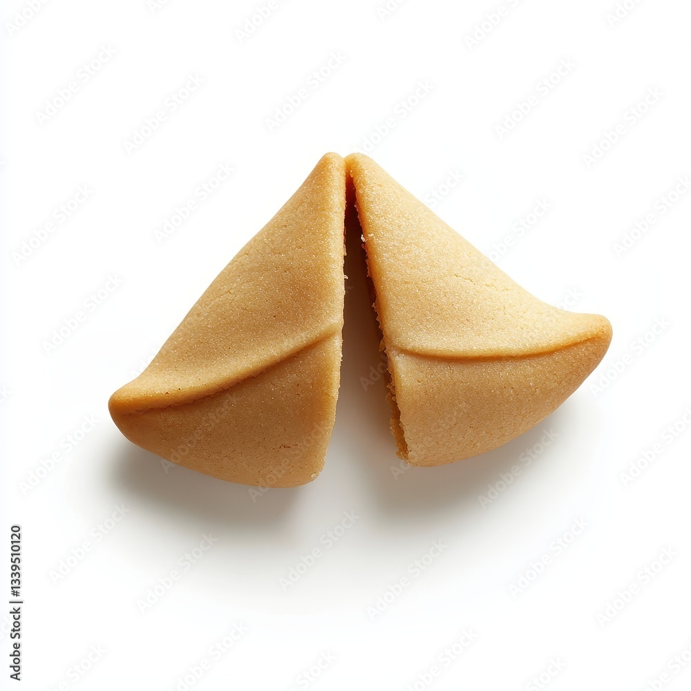 A broken fortune cookie rests against a clean white backdrop A broken fortune cookie rests against a clean white backdrop