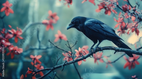 Black bird perched on tree branch