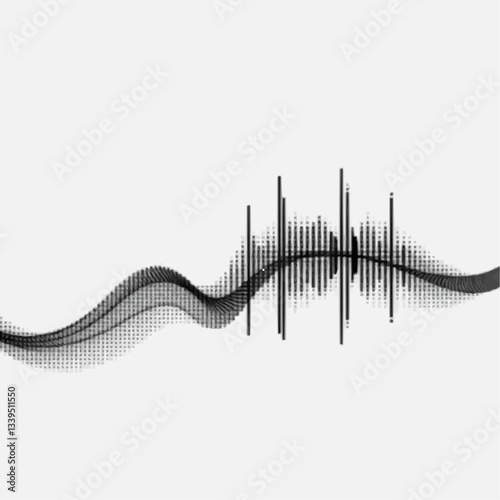 Black halftone vector sound waves flow isolated on a white background. Waveform pattern for music, dictaphone, podcast, voice message, or social media background. Spectral music frequency illustration