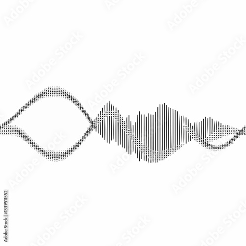 Black halftone vector sound waves flow isolated on a white background. Waveform pattern for music, dictaphone, podcast, voice message, or social media background. Spectral music frequency illustration