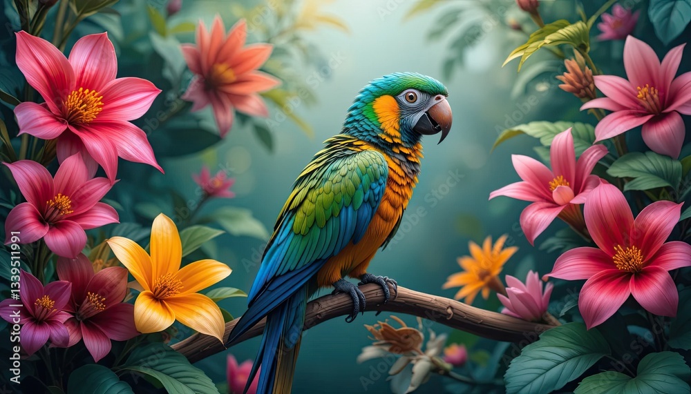 Fototapeta premium A colorful parrot amidst exotic flowers, perched on a tropical branch
