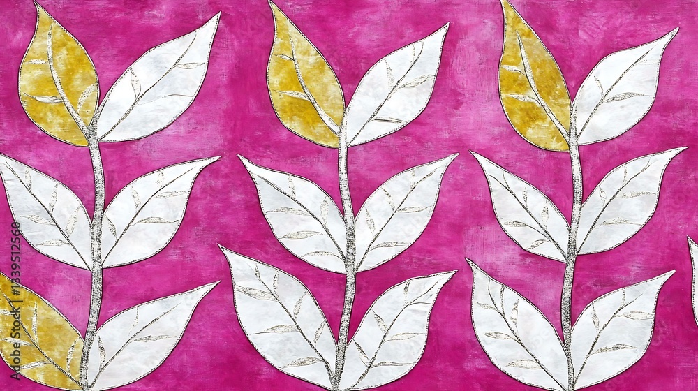 Obraz premium Decorative floral design featuring stylized leaves and vibrant pink background