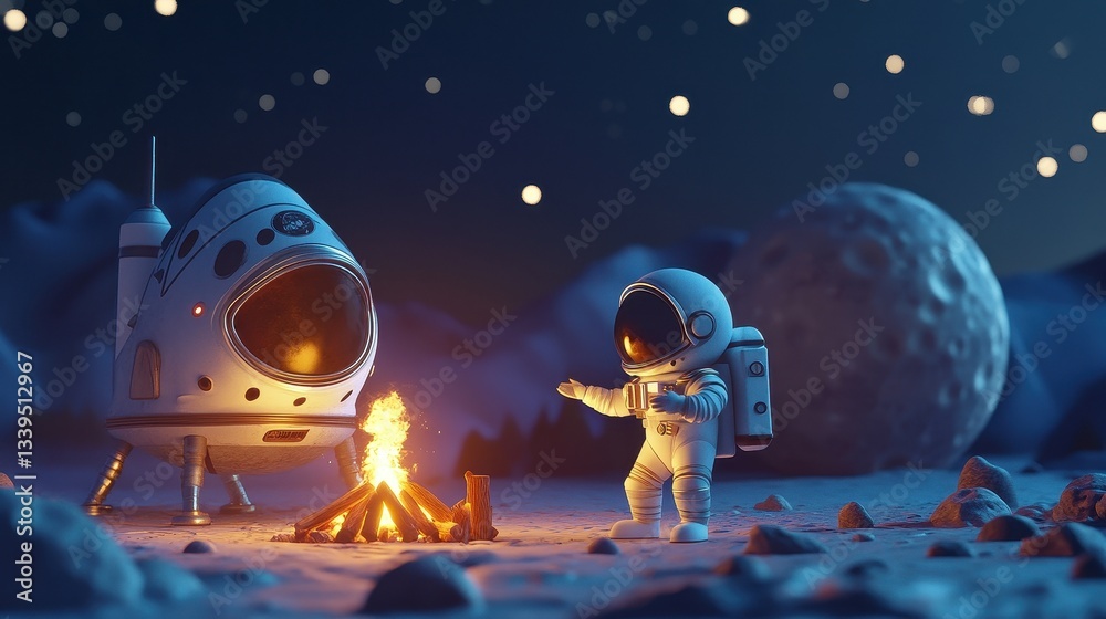 Naklejka premium Astronauts camping under stars on a distant moon.