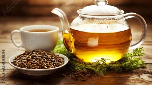 Aromatic Caraway Seed Tea in Glass Teapot on Wooden Table