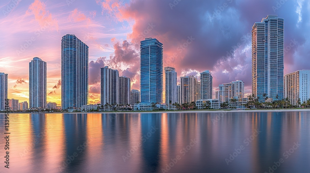Panoramic view of a vibrant sunset over a city skyline reflected in calm water. Panoramic view of a vibrant sunset over a city skyline reflected in calm water.
