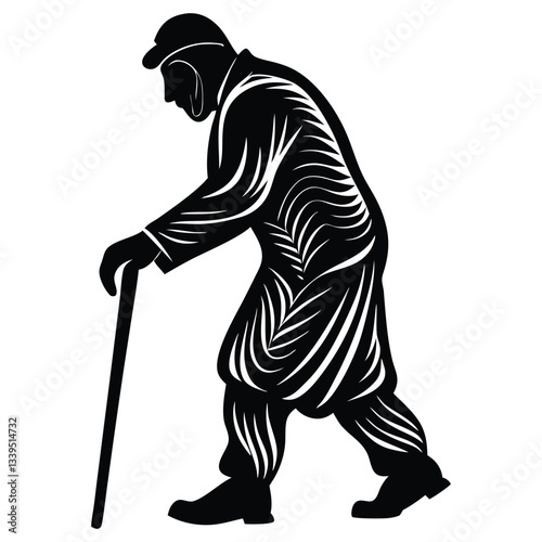 Old man walking and relying on a cane, black color vector silhouette, Silhouette of an old man, with a cane
