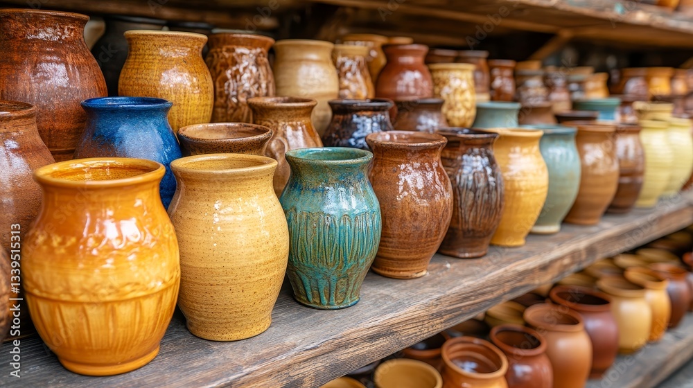 A collection of ceramic vases in various earthy tones displayed on wooden shelves A collection of ceramic vases in various earthy tones displayed on wooden shelves