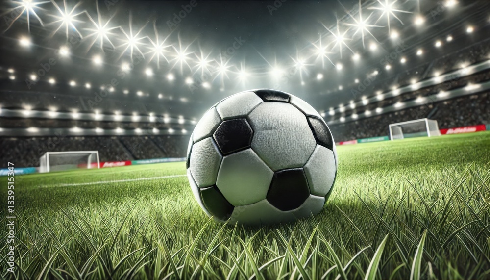 Fototapeta premium a soccer ball on a lush green field with stadium floodlights in the background