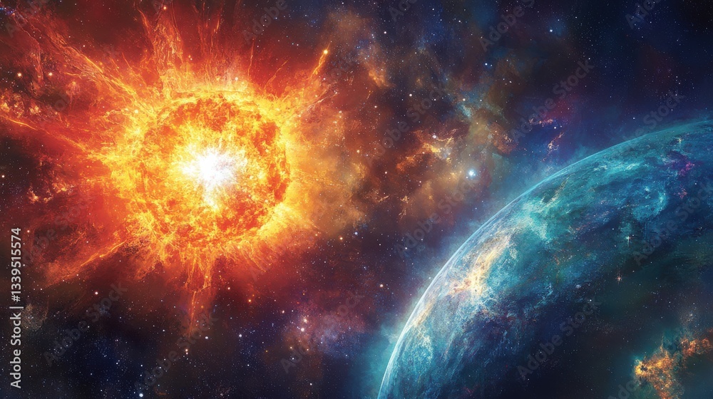 Obraz premium A vibrant depiction of a planet and a bright star in space