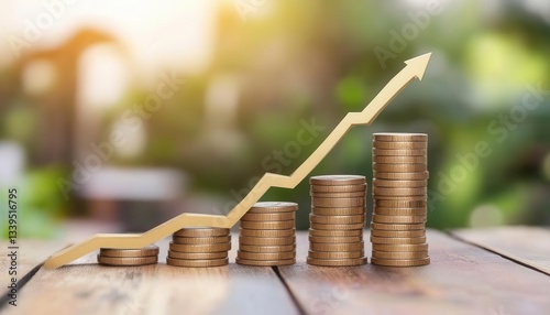 An upward trend in financial growth depicted by stacks of coins and an arrow, symbolizing investment success and economic prosperity.