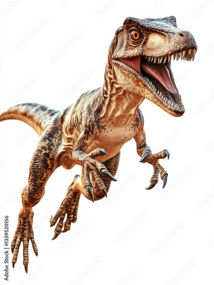 Naklejka premium Leaping dinosaur, prehistoric scene, digital art, children's book illustration