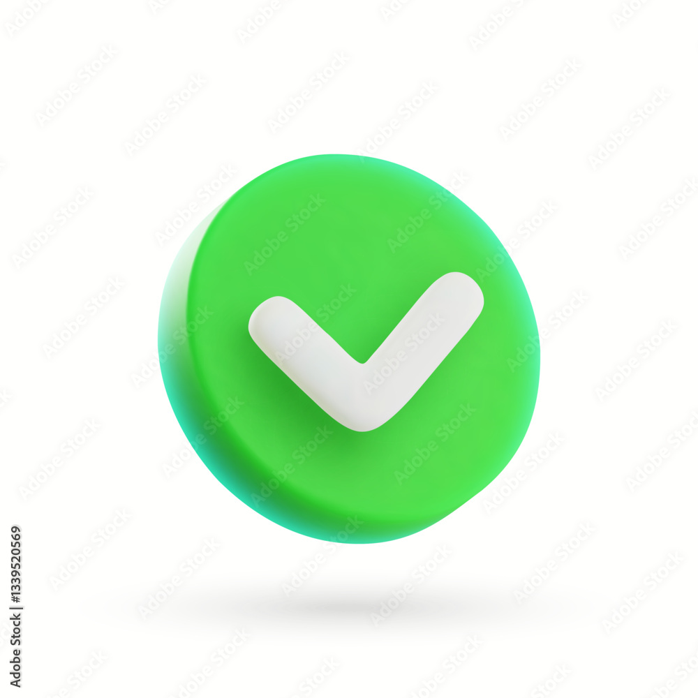 3d vector round green check mark icon in cartoon minimal style. 3d vector round green check mark icon in cartoon minimal style.
