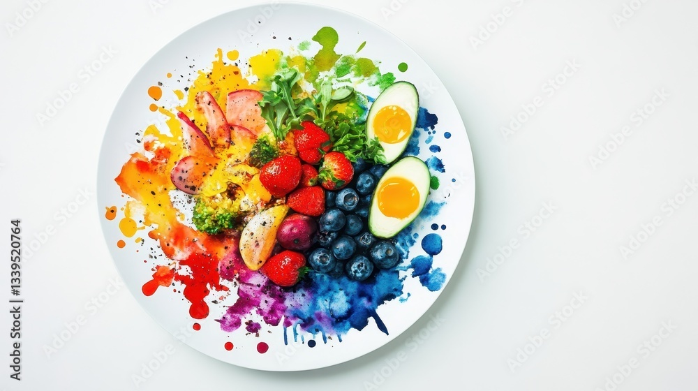 A colorful plate displays fresh food with artistic splash effects A colorful plate displays fresh food with artistic splash effects