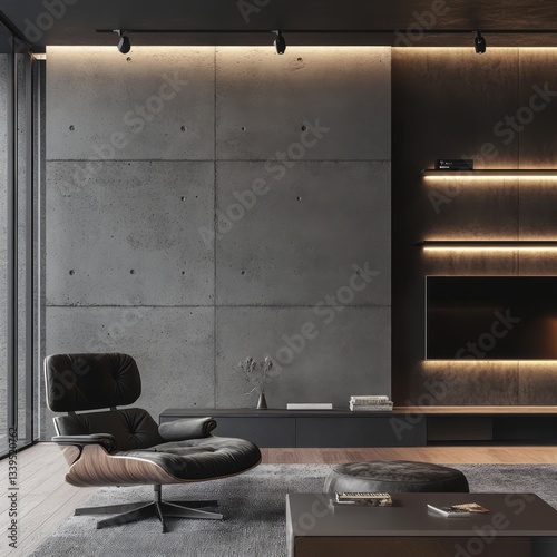 A modern interior with a dark chair and concrete wall