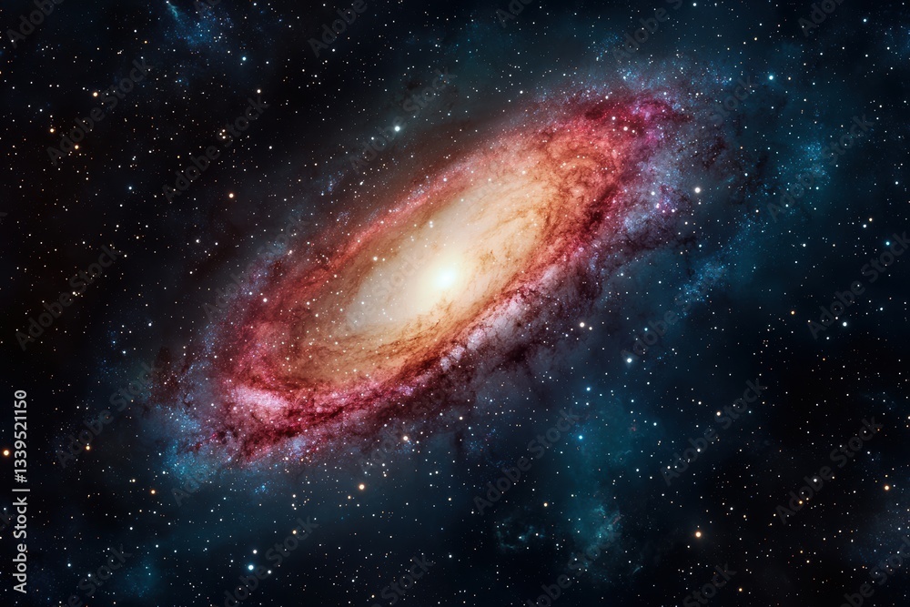 Naklejka premium A stunning view of a spiral galaxy set against a backdrop of stars, showcasing vibrant colors and interstellar beauty.